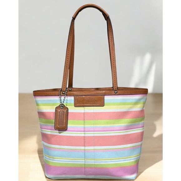Y2K Coach F13552 Hamptons Twill Stripe Tote Bag & Graffiti Script Large Wristlet - Picture 2 of 16